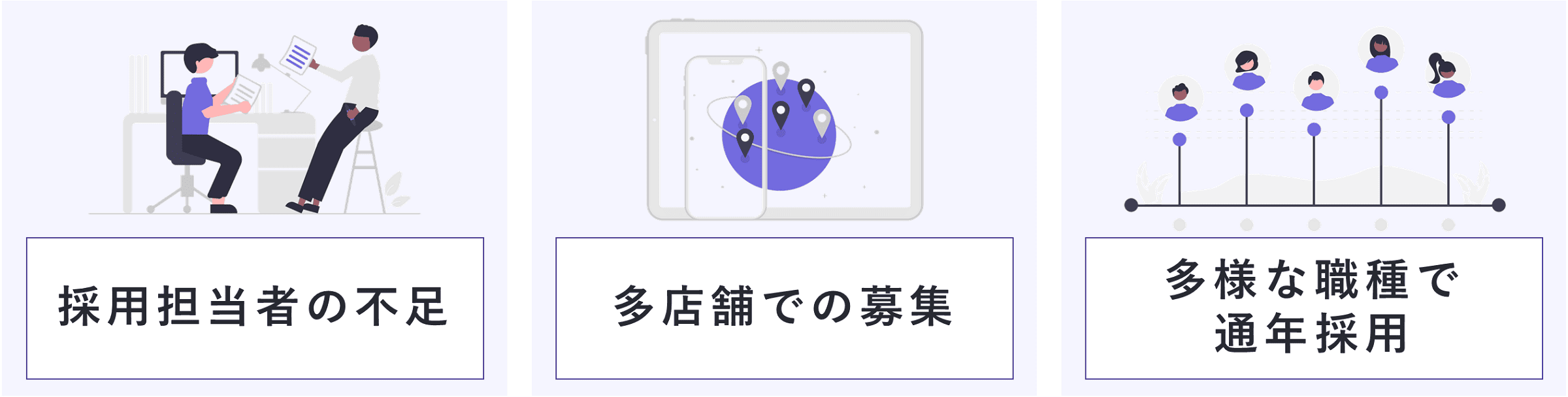 採用担当者の人手が足りない、パート・アルバイト採用のノウハウ不足、広範囲にわたる募集エリアと多様な職種への対応