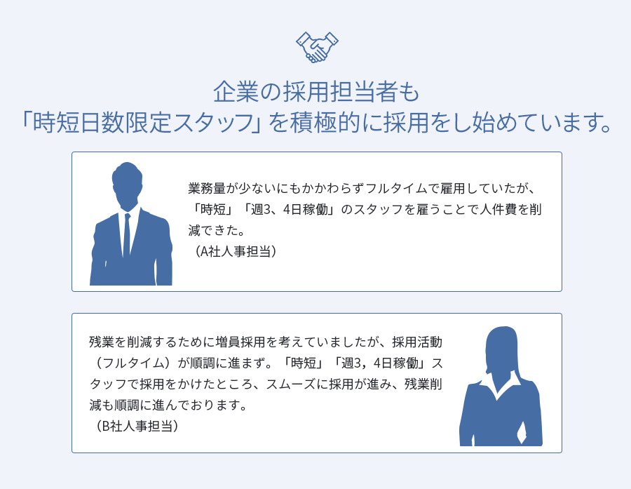 企業の採用担当者も「時短日数限定スタッフ」を積極的に採用をし始めています。