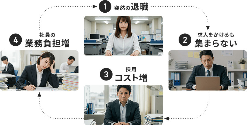 ①突然の退職→②求人をかけるも集まらない→③採用コスト増→④社員の業務負担増